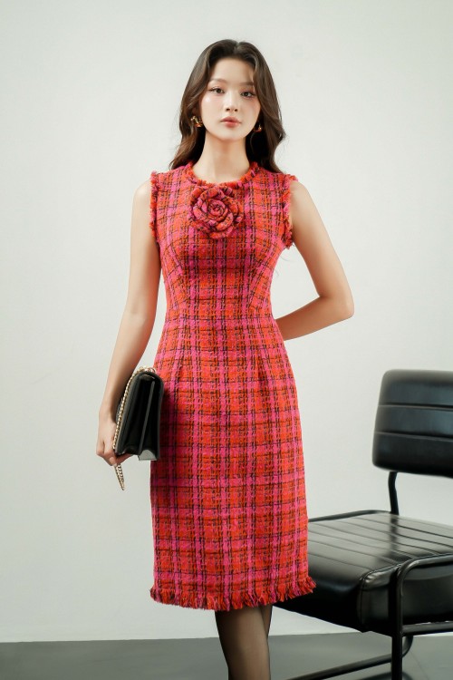 Sixdo Dark Red Check Sleeveless Midi Tweed Dress